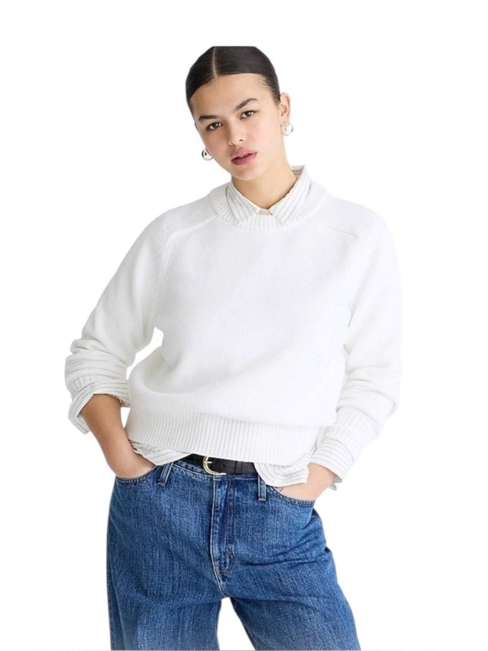 J Crew Relaxed White Cotton Blend Sweater Sz M Crew Neck Knit Summer Preppy
